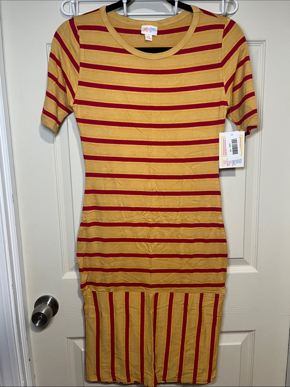 LuLaRoe Mustard and Red Striped Short-Sleeve Midi Dress